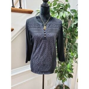 Style&Co. Womens Black Floral 100% Cotton Henley Neck Long Sleeve Blouse Size PL